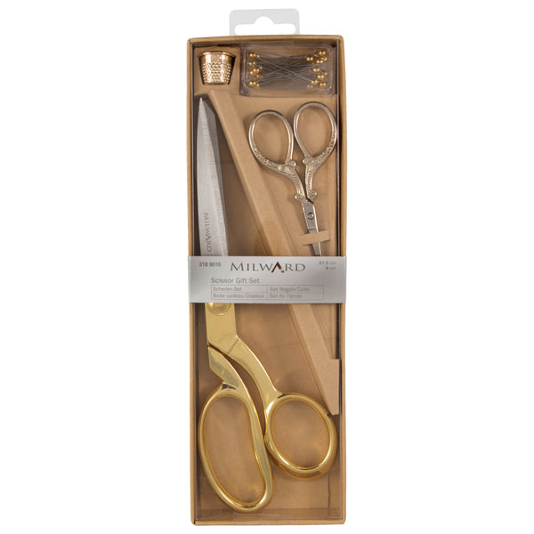 Scissors Gift Set Dressmaking (21.5cm) and Embroidery (9.5cm), Thimble & Pins Gold