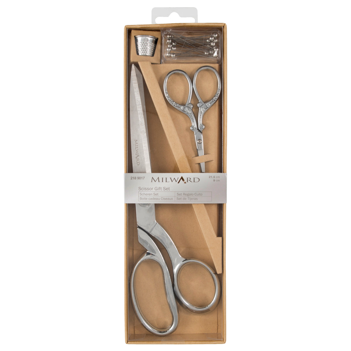 Scissors Gift Set Dressmaking (21.5cm) and Embroidery (9.5cm), Thimble & Pins Silver