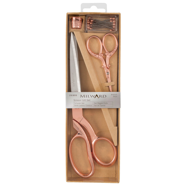 Scissors Gift Set Dressmaking (21.5cm) and Embroidery (9.5cm), Thimble & Pins Rose Gold