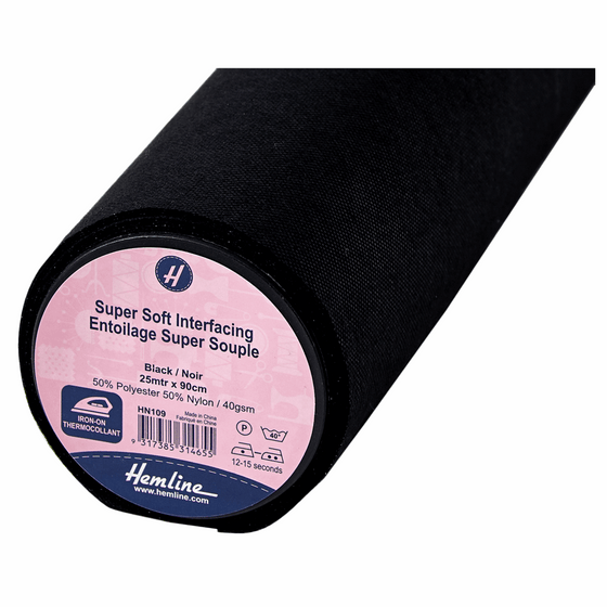 Hemline Super Soft Interfacing - Iron on (90cmx25m) Black