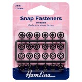 Hemline Snap Fasteners Sew-on Black (Invisible) 7mm Pack of of 12