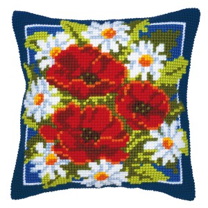 Vervaco Cross Stitch Cushion Kit - Poppies (Blue Background)