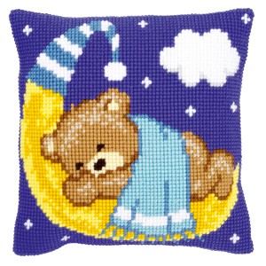 Vervaco Cross Stitch Cushion Kit - Teddy on the Moon - Blue