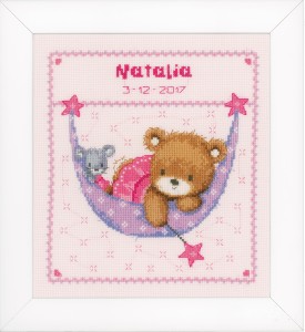 Counted Cross Stitch: Birth Record: Little Bear in Hammock (Pink)